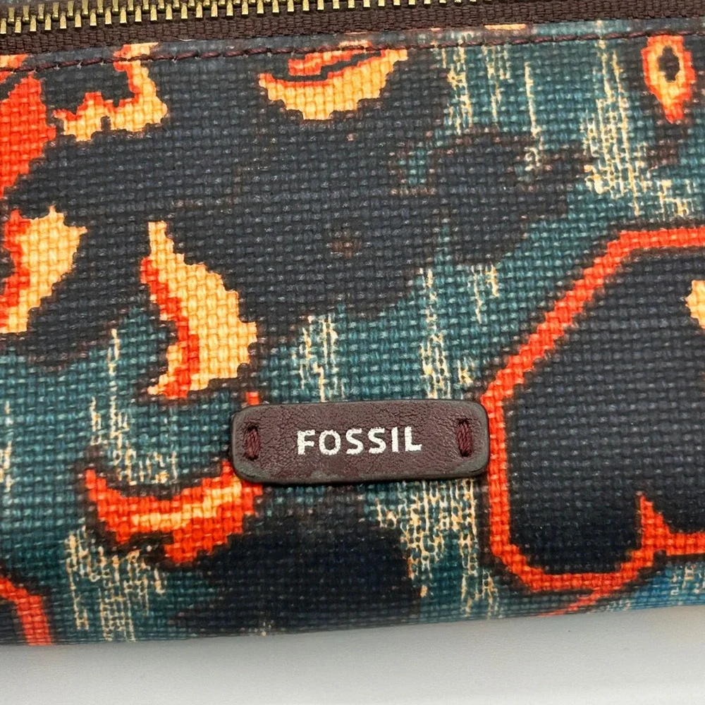 Fossil Logan Zip Around Wristlet Wallet Ikat Geometric Kilim Navy Orange Teal